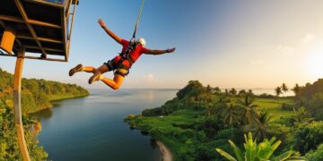 Thrill-seeker mid-air during a bungee jump at Jumpin Heights in Goa, with lush green landscapes and Mayem Lake in the background.